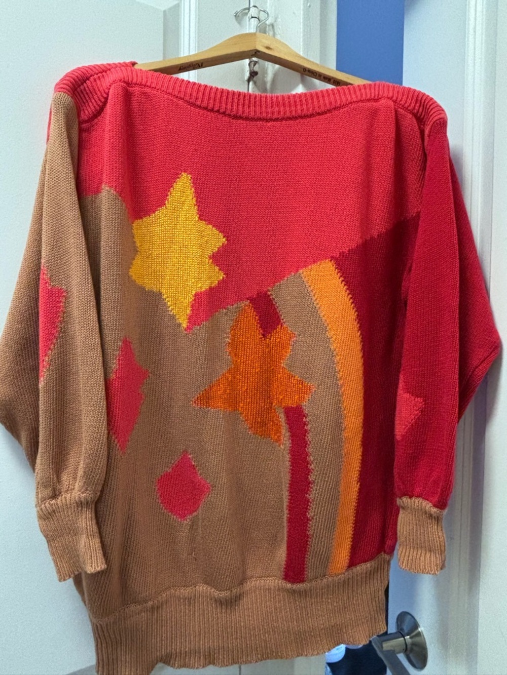 Escada Red, Tan and Orange Colorblock Crewneck Sweater VINTAGE